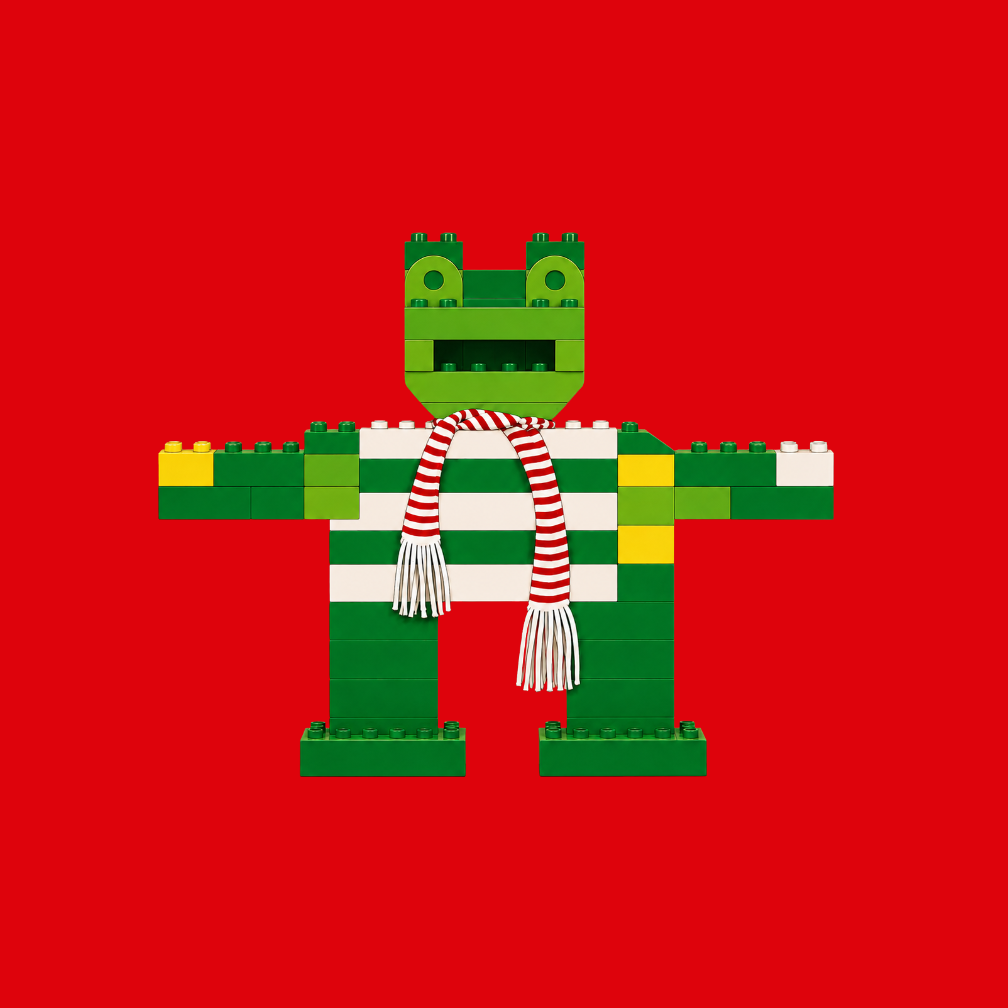 The original green block-built $FROG standing against a red background